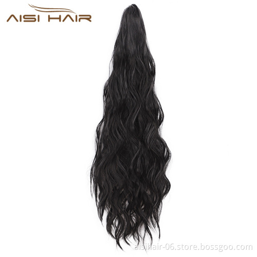 Aisi Hair Synthetic Claw On Clip In Ponytail Hair Extension Black Long Wavy Ponytail Hairpiece for Women Extension Hair